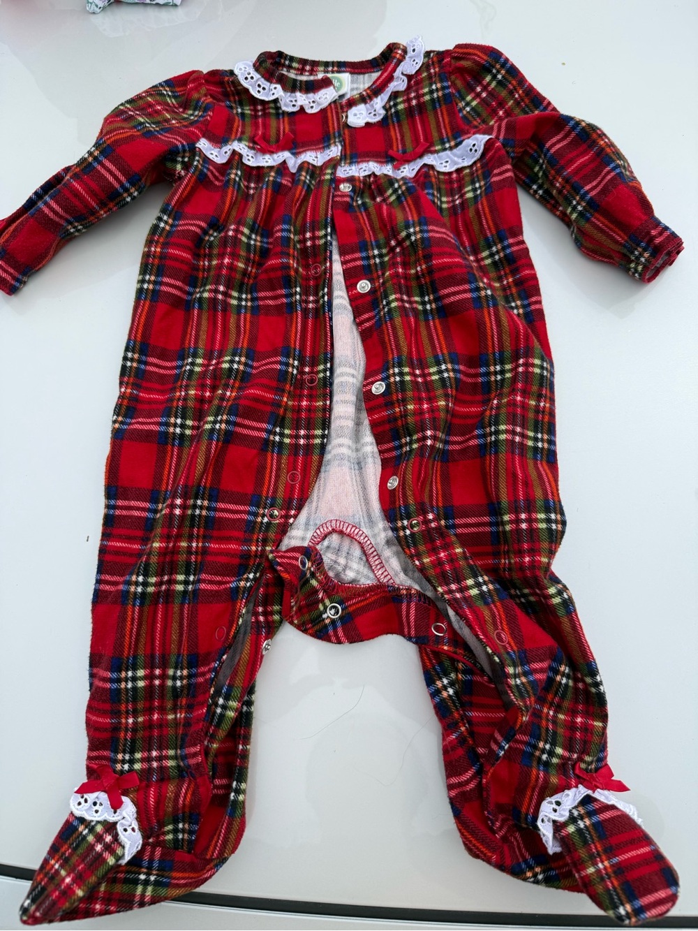 Little Me Red Plaid Footed One-Piece with Lace Trim